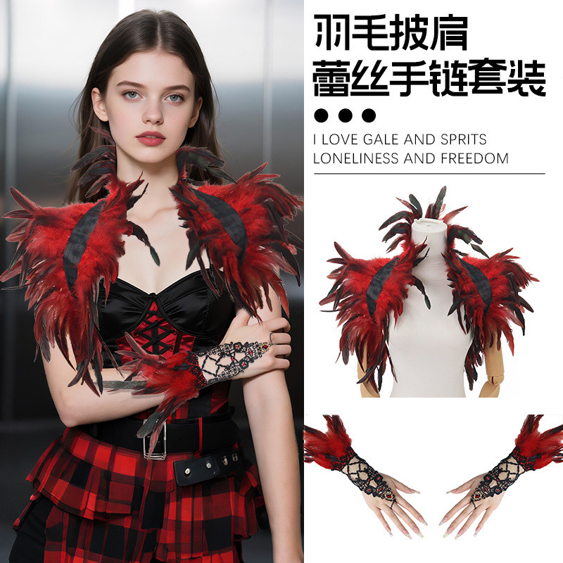 ฮาโลวีนขนนกผ้าคลุมไหล่แขนชุดสีดําโกธิคตัวช่วยสร้างตกแต่งสวมหน้ากากคอสเพลย์เครื่องแต่งกายอุปกรณ์เสริมผู้ใหญ่หญิง