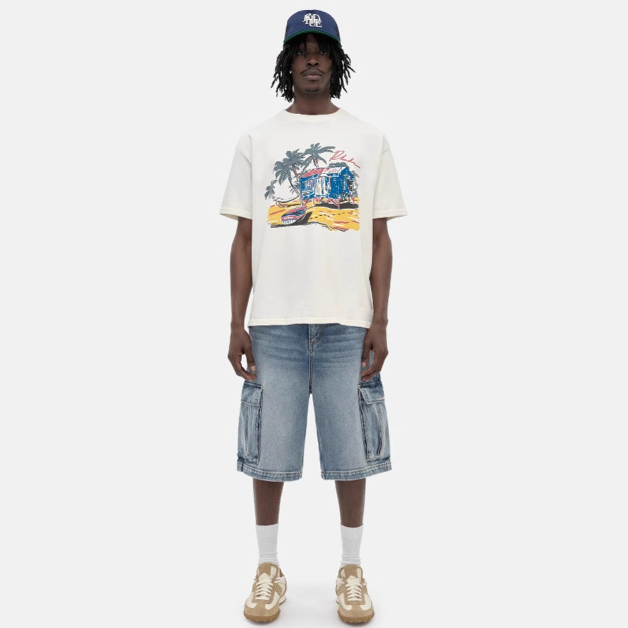 EWYW RHUDE Retro Tropical Beach Coconut Tree Print High Street Casual Loose Couple Round Neck Short 