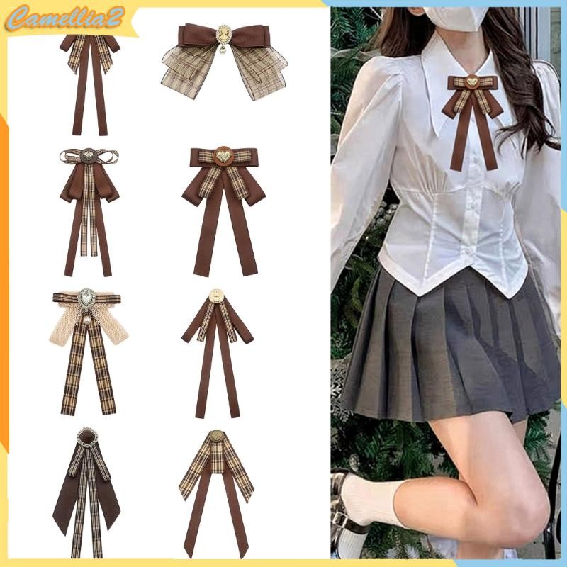 เข็มกลัด Bow Tie Vintage สีน้ำตาลลายสก๊อต สำหรับชุดนักเรียน เจโบต์คอปก