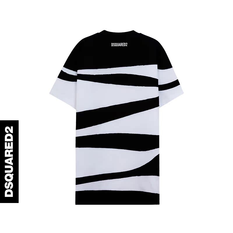 DSQUARED2 T-shirt สำหรับชาย สไตล์โล่ง ลายขวางขาวดำ ตัวสั้น