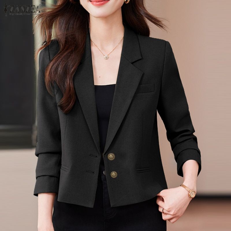 ZANZEA Blazers สไตล์เกาหลีสำหรับผู้หญิงทำงาน ออกแบบแขนยาว สีพื้นปิดหน้าเดียว — صورة 4