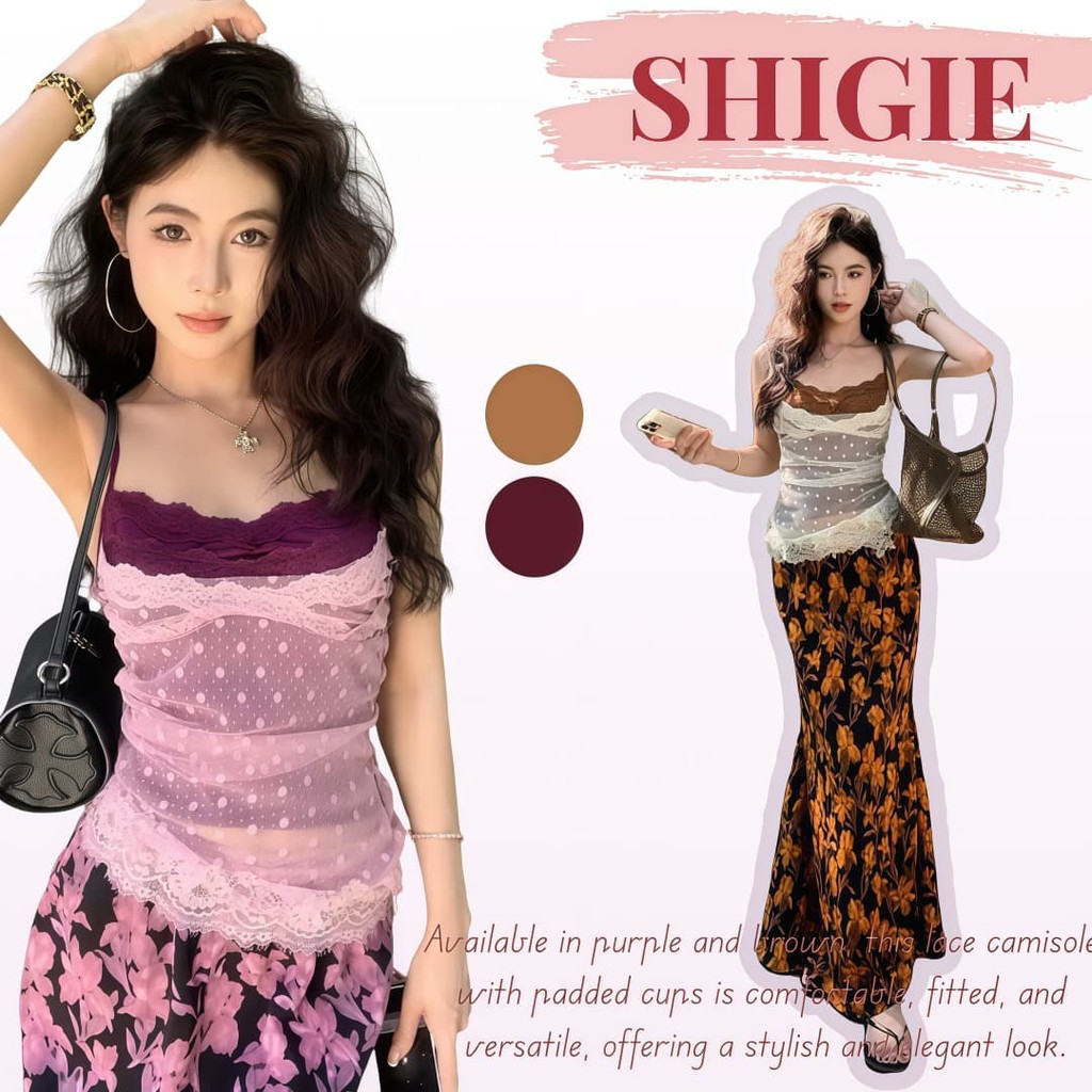 Shigie​ 🍁พร้อมส่ง🍁 "เสื้อสายเดี่ยว ลายลูกไม้ น้ำตาลม่วง  มีฟองน้ำ ใส่ง่ายสบาย ทรงรัดพอดี เซ็กซี่และไม่เหมือนใคร'FY1956