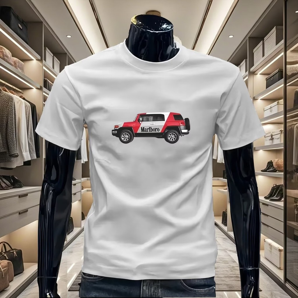 2025 New Lazy Unbranded Retro Racing Fun Right Shoulder Short Pure Cotton Top for Women Versatile Ja