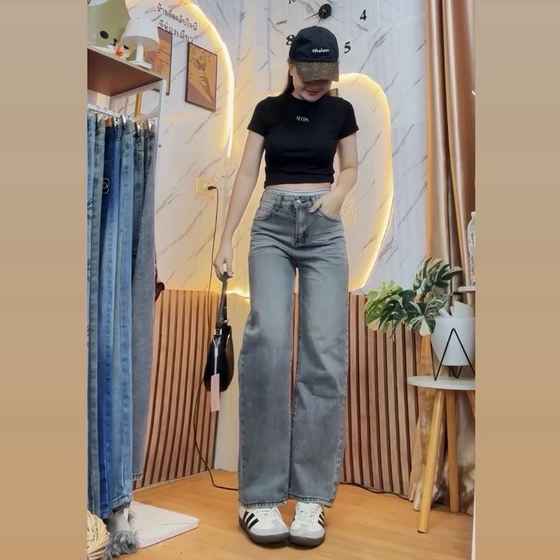 669 8282wolf jeans กางเกงยีนส์ ทรงกระบอก สีเทาเฟด