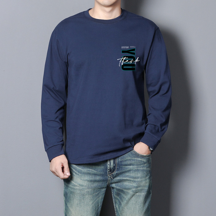 COD 20252023 Autumn New Pure Cotton Long Sleeve T-Shirt Men's Trendy Loose Casual Youth Simple Round