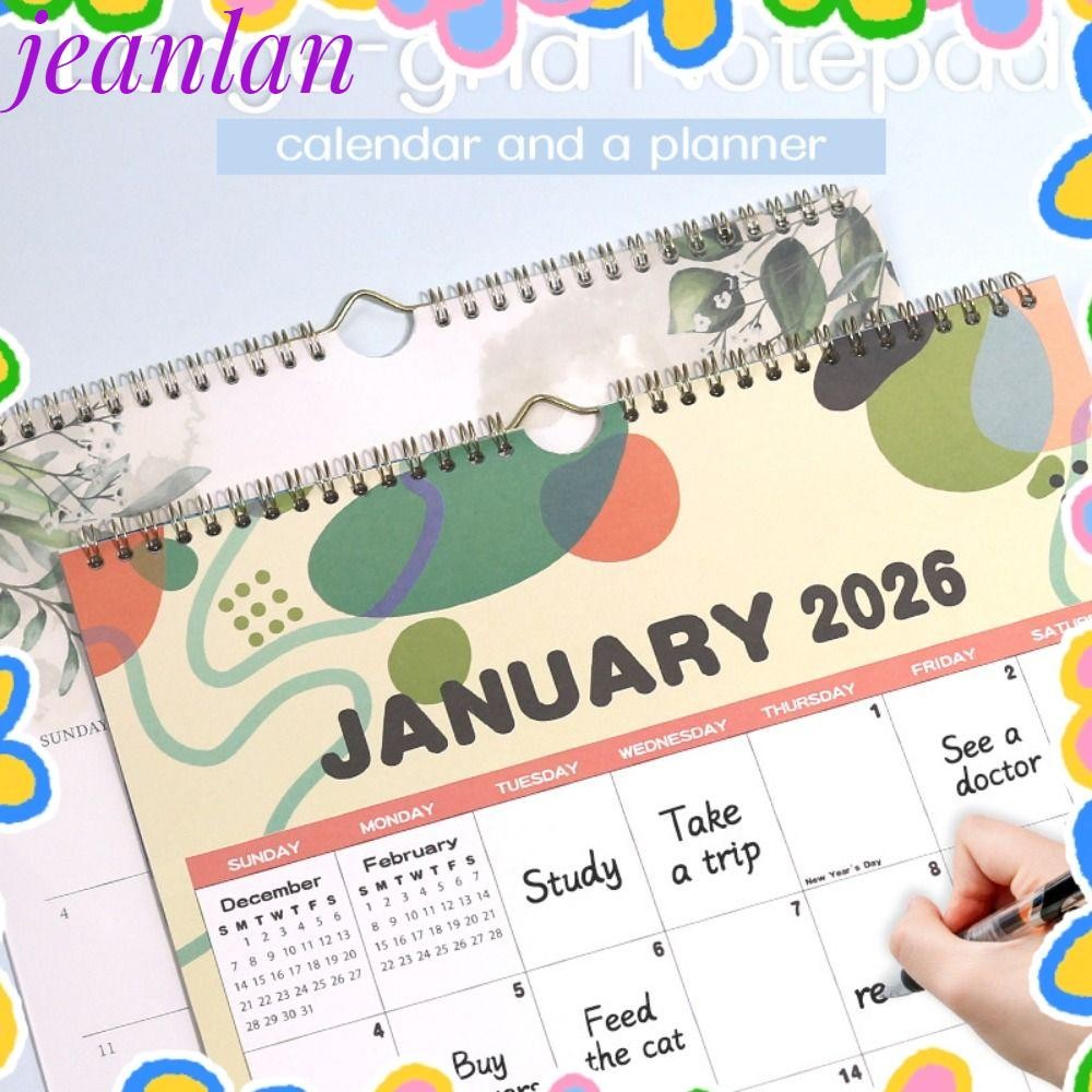 ปฏิทินวางแผนรายวัน JLAN ม.ค. 2026 - ธ.ค. 2026 2026 ปฏิทินติดผนัง, ปฏิทินแขวน Wire-O-Binding แบบพับได้สีสันสดใสแบบพกพาบ้าน