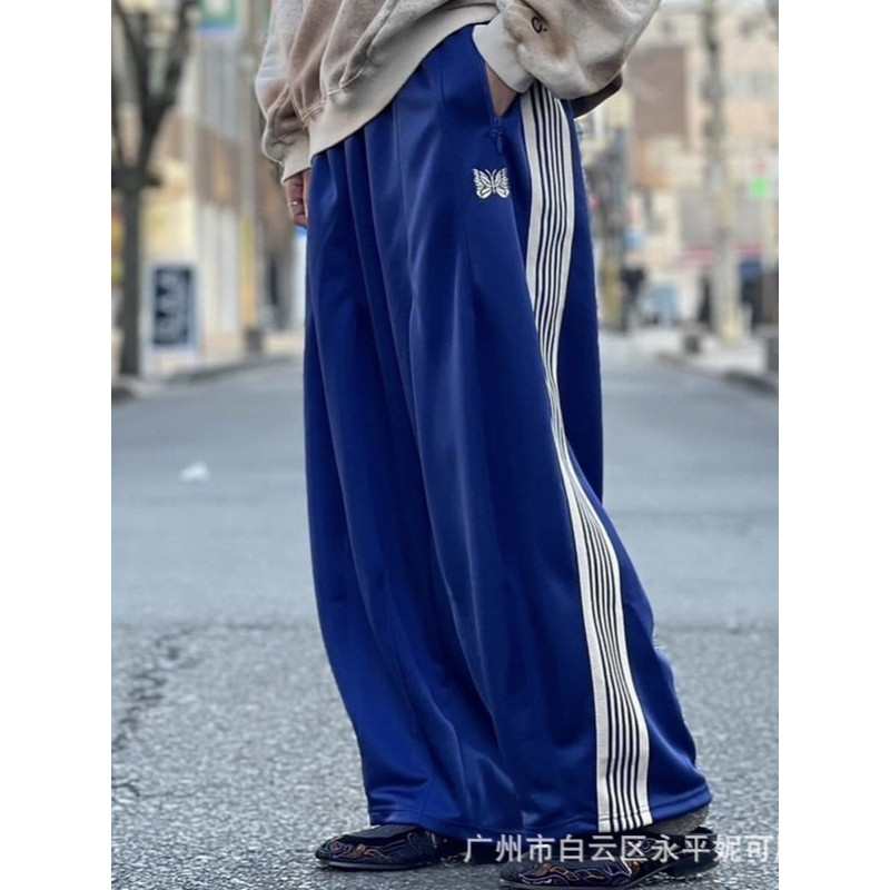 NEEDLES TRACK Royal Blue เย็บปักถักร้อย MD ชุดกีฬาผู้หญิงกว้างกางเกงขากว้างกางเกงไขมันผู้ชาย