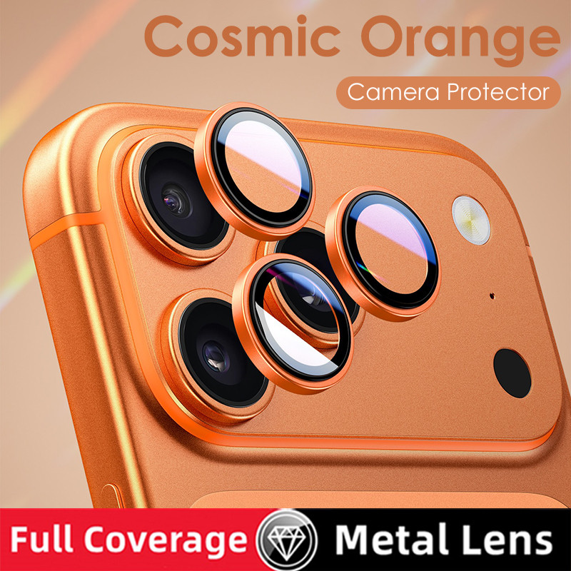 Cosmic Orange ตัวป้องกันเลนส์กล้อง สําหรับ iPhone 17 Pro Max Air 16 16E 15 14 13 Pro Max 16 Plus 13 Mini One-คลิกติดตั้งคลุมทั้งหมดแหวนโลหะกระจกนิรภัยฝาครอบกล้อง