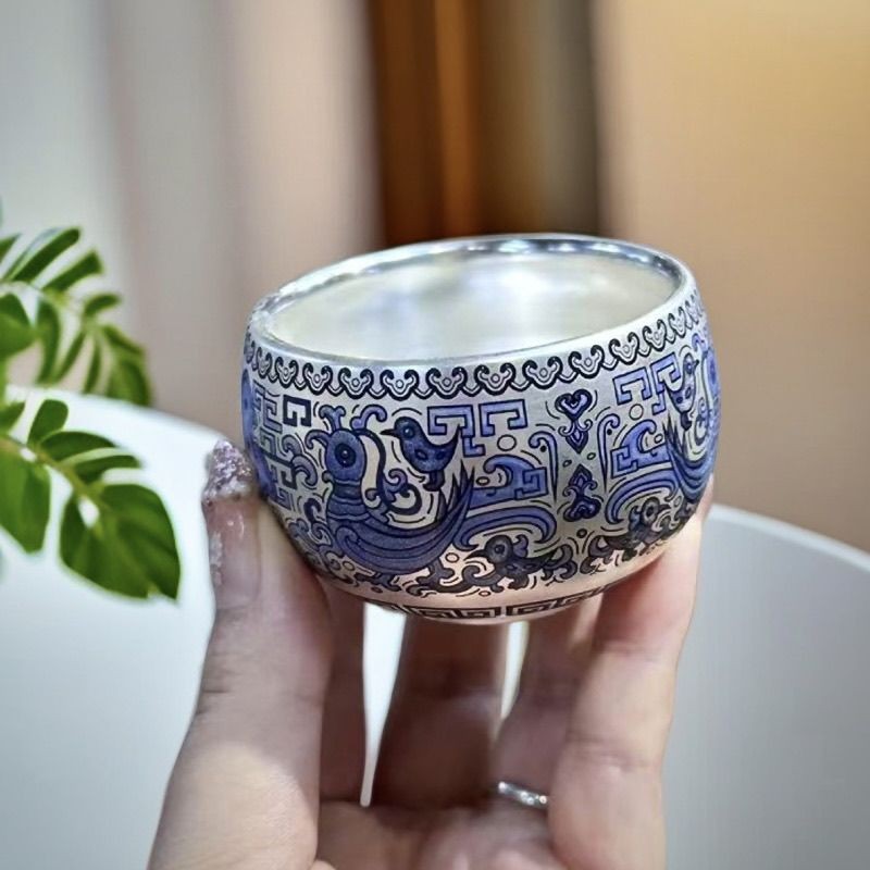 鎏银999陶瓷青花银上作花功夫茶杯天命玄鸟主人杯品茗单杯茶碗Silver-gilded 999 ceramic blue-and-flower silver20251007