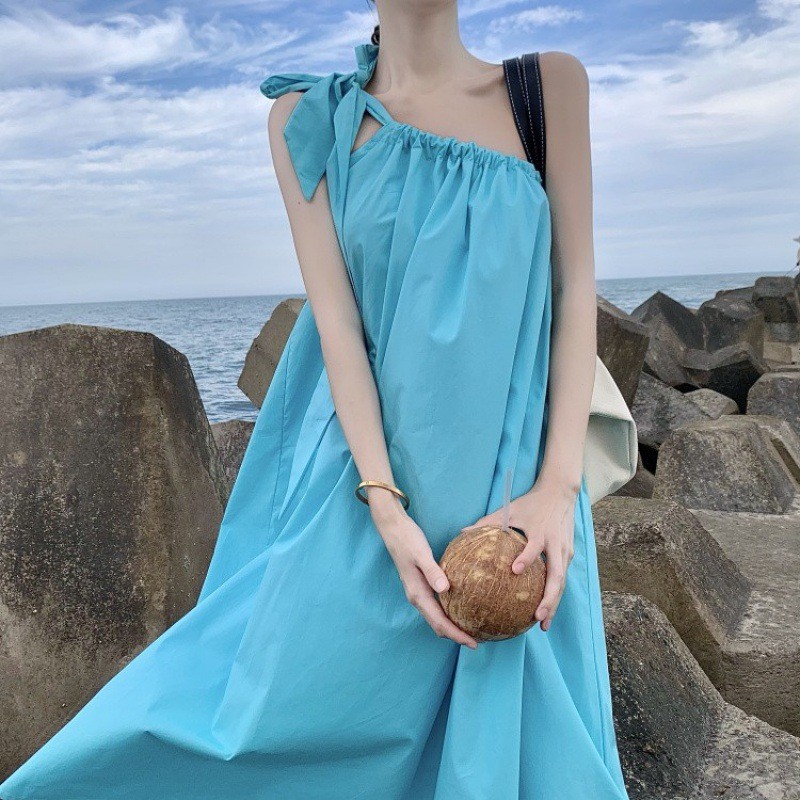 Sanya Travel Outfit Photo Beach Dress for Petite Women, Super Fairy High-End Off-Shoulder Strap Dres
