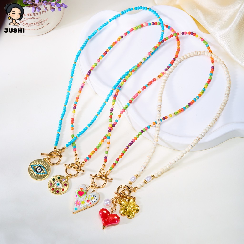 JUSHI คริสตัลหัวใจ Evil Eye OT Clasp Turquoise สร้อยคอผู้หญิง Y2K ความงาม Bohemian ปรับ Dainty ป้องก