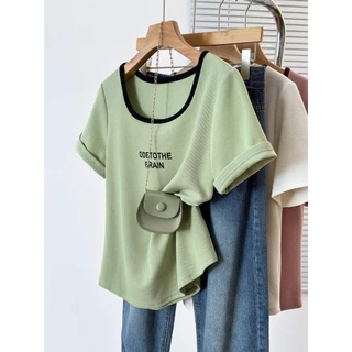 [เสื้อยืดโอเวอร์ไซส์] (40-125kg) ผู้หญิง แขนสั้น คอ U เสื้อยืด พิมพ์ แฟชั่น ท็อปส์ซู พลัสไซส์ เสื้อยืดหลวม ชุดลำลอง