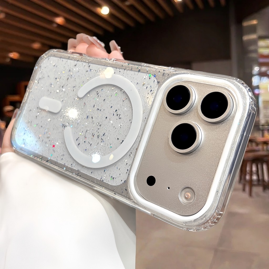 เคส iPhone17Transparent Glitter เคสแม่เหล็กสําหรับ เคสไอโฟน iPhone 13 14 15 16 17 Pro max Air เคสซิลิโคนกันกระแทก