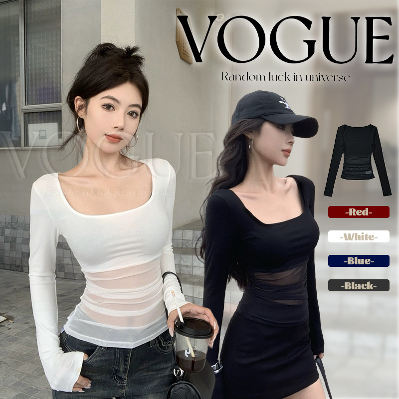 Vogue🌟พร้อมส่ง🌟 เสื้อแขนยาว คอเหลี่ยมทรงรัดรูป ดีเทลครึ่งตัวซีทรู ใส่สบายมาก (FY5166)