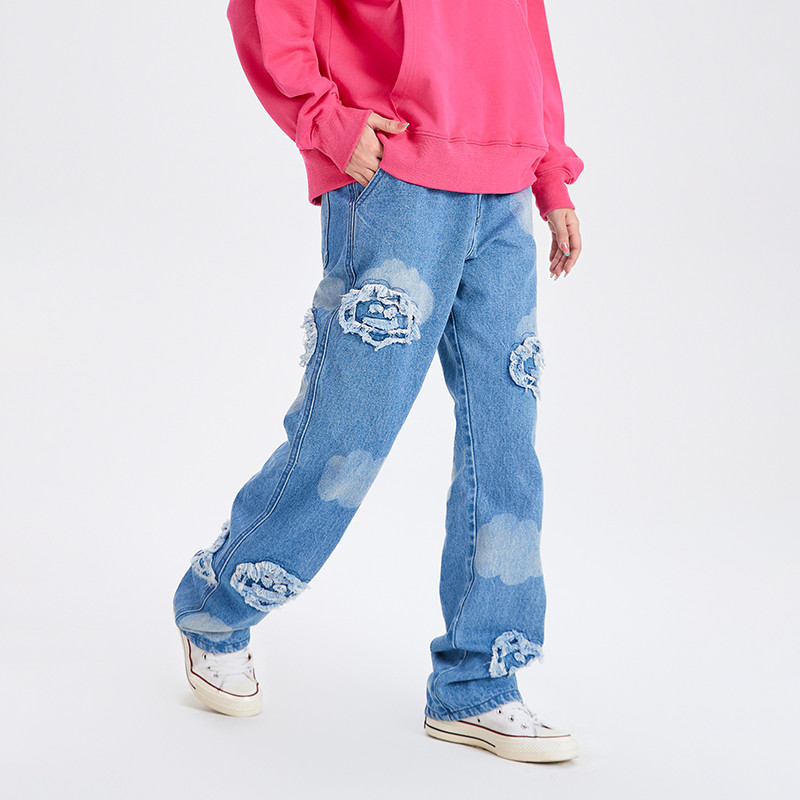 [FPMZ Official Store] ยีนส์ทรงตรง Cloud Smiley Tie-Dye สไตล์สตรีทสำหรับคู่รัก ใส่ได้ทุกลุค