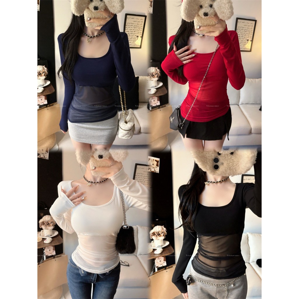 Bonnie เสื้อยืด แขนยาว ดีเทลครึ่งตัวซีทรู สีทึบ คอเหลี่ยมทรงรัดรูป เสื้อแฟชั่น ใส่สบาย สไตล์เกาหลี พร้อมส่ง