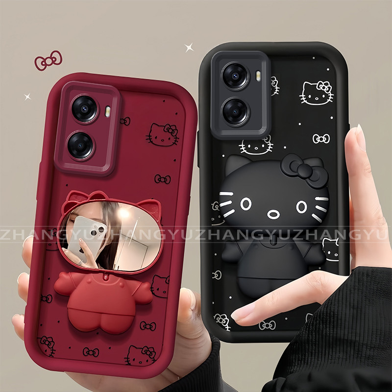 เหมาะสําหรับ OPPO A57 4G 5G 2022 A77 A77S A57E เคสโทรศัพท์แมวแต่งหน้ากระจกผู้ถือ anti drop ถุงลมนิรภัยซิลิโคน TPU soft shell 020
