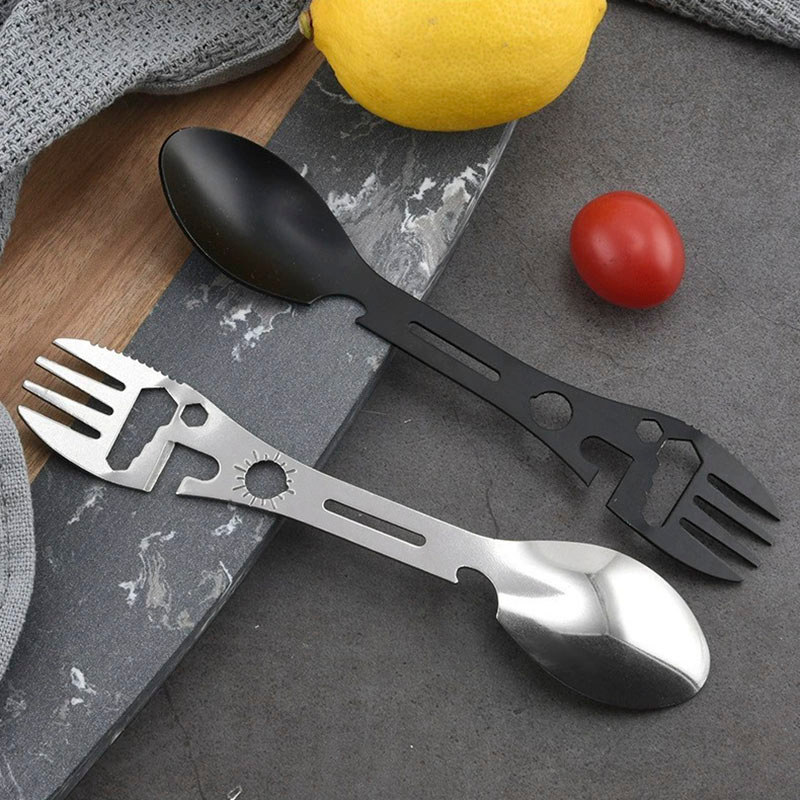 10-in-1 Multi-functional ส้อมช้อน Outdoor Camping Survival เครื่องมือห้องครัวประแจที่เปิดขวดช้อนซุป