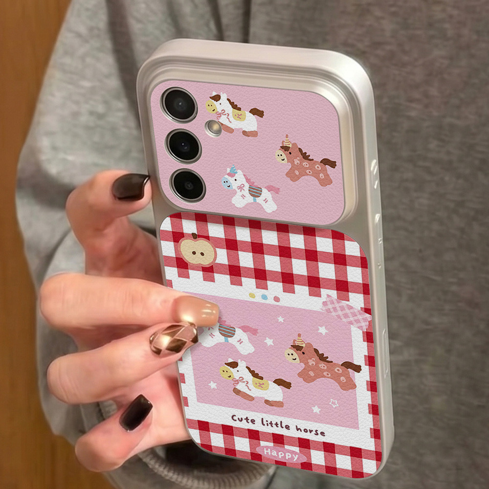 INS เคสไอโฟน for Samsung A07 A17 A56 A55 A54 A36 A37 A57 A16 S24 S25Ultra S25FE ม้าการ์ตูนน่ารัก หรูหรา วัสดุหนังแกะผสม