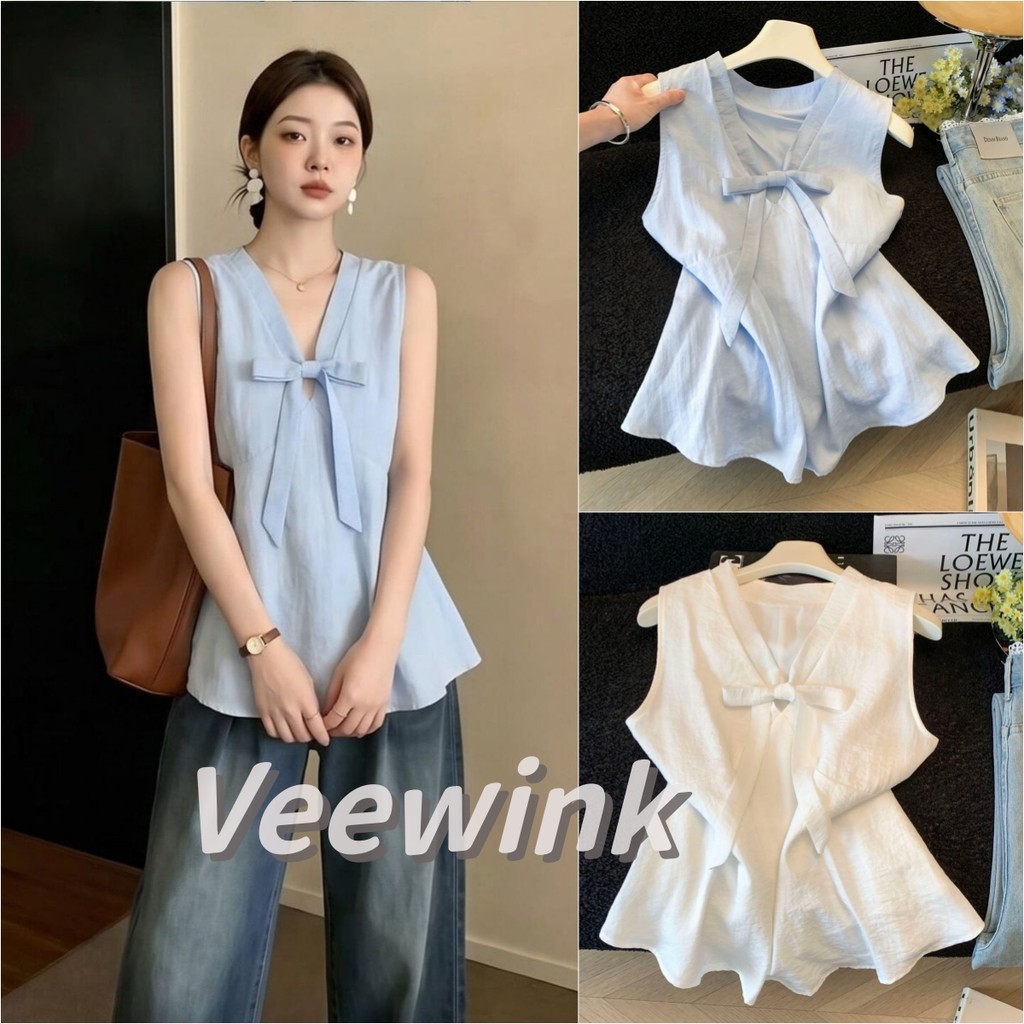 Veewink เสื้อกล้ามคอวีลายโบว์สีฟ้า สไตล์ฝรั่งเศส ทรงตุ๊กตา หวานปัง ดูดี ไม่ซ้ำ ใส่สบาย กันแดด