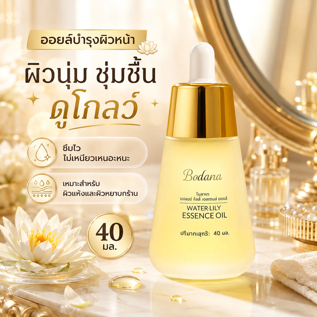 BODANA ESSENCE OIL วอเตอร์ ลิลลี่ เอสเซนส์ ออยล์ สกินแคร์ ผิว ใบหน้า ความชุ่มชื้น ออยล์บำรุงผิวหน้าจากดอกบัวขาว