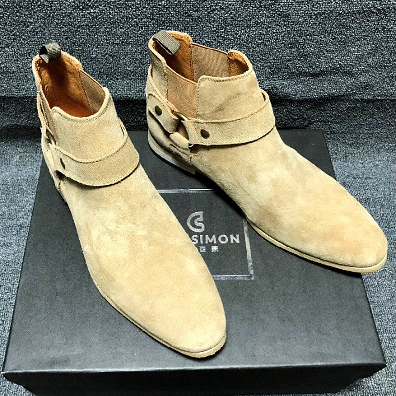CHELSA Boots รองเท้าบูทสั้นผู้ชาย Martin Boots Pointed Toe CHELSEA BOOT High-Top Beige Matte ของแท้ห