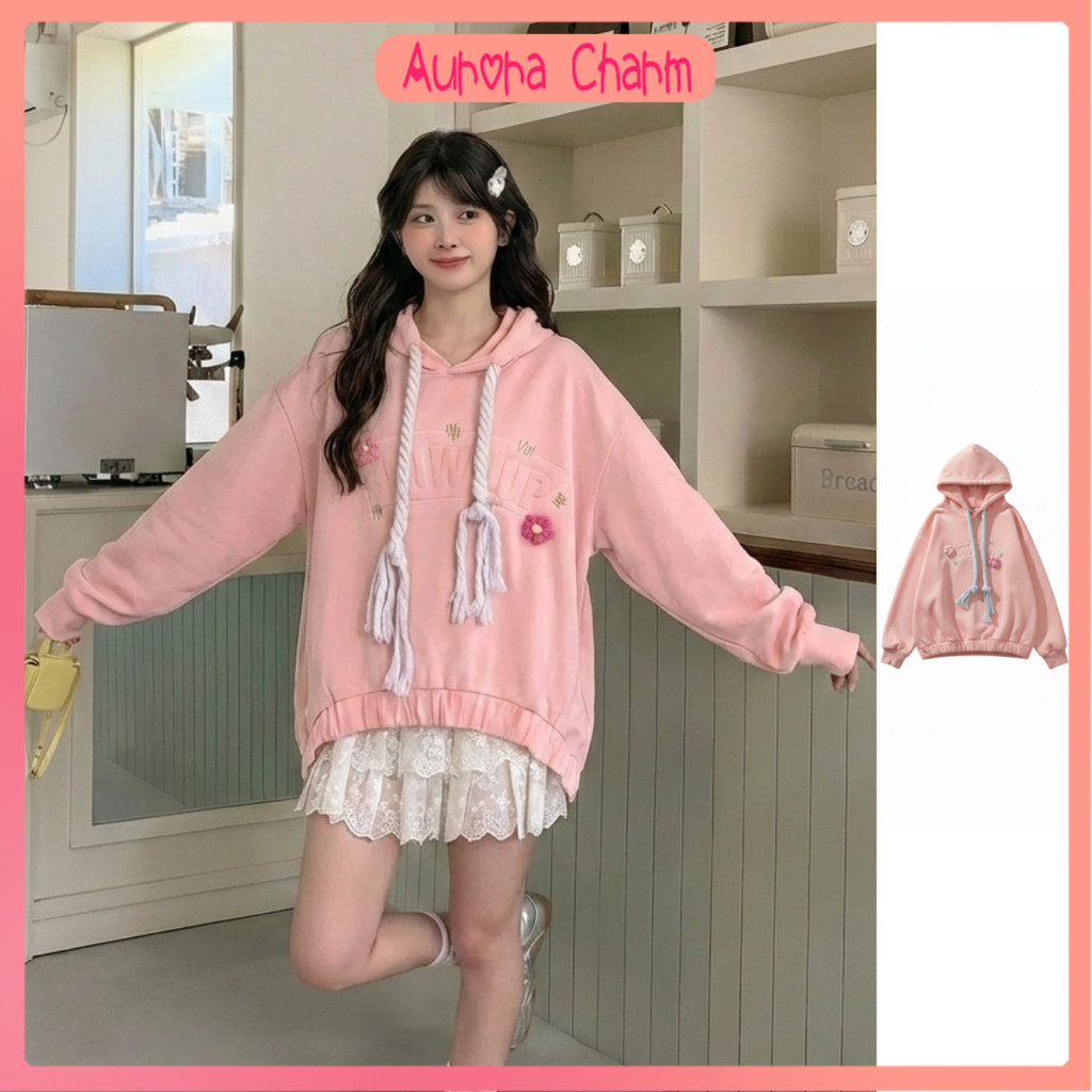Aurora Charm เสื้อฮู้ดสาวอวบ ไซส์ใหญ่ (ถึง 150kg) แขนยาว สีชมพู สไตล์เกาหลี น่ารักมาก