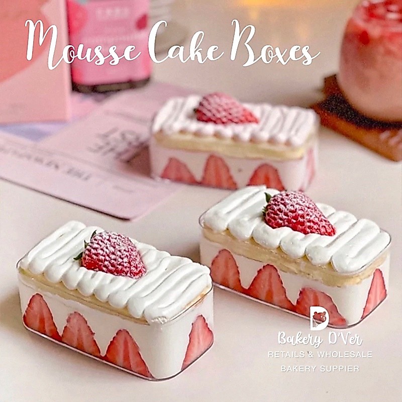 กล่องพลาสติกแข็ง Cake Box ทรงผืนผ้า 6*12 cm + สูง 5 cm, ความจุ : 280ml [แพคละ 6 ใบ พร้อมฝา] กล่องมูสเค้ก ทรงผืนผ้า กล่อง