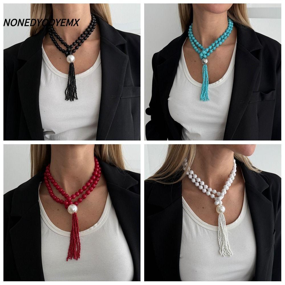 NONDYEMX ลูกปัดพู่สร้อยคอยาว,พลาสติก/เรซิ่นปรับจี้สร้อยคอ,แฟชั่นอินเทรนด์เครื่องประดับ Minimalist คอผู้หญิงเครื่องประดับ