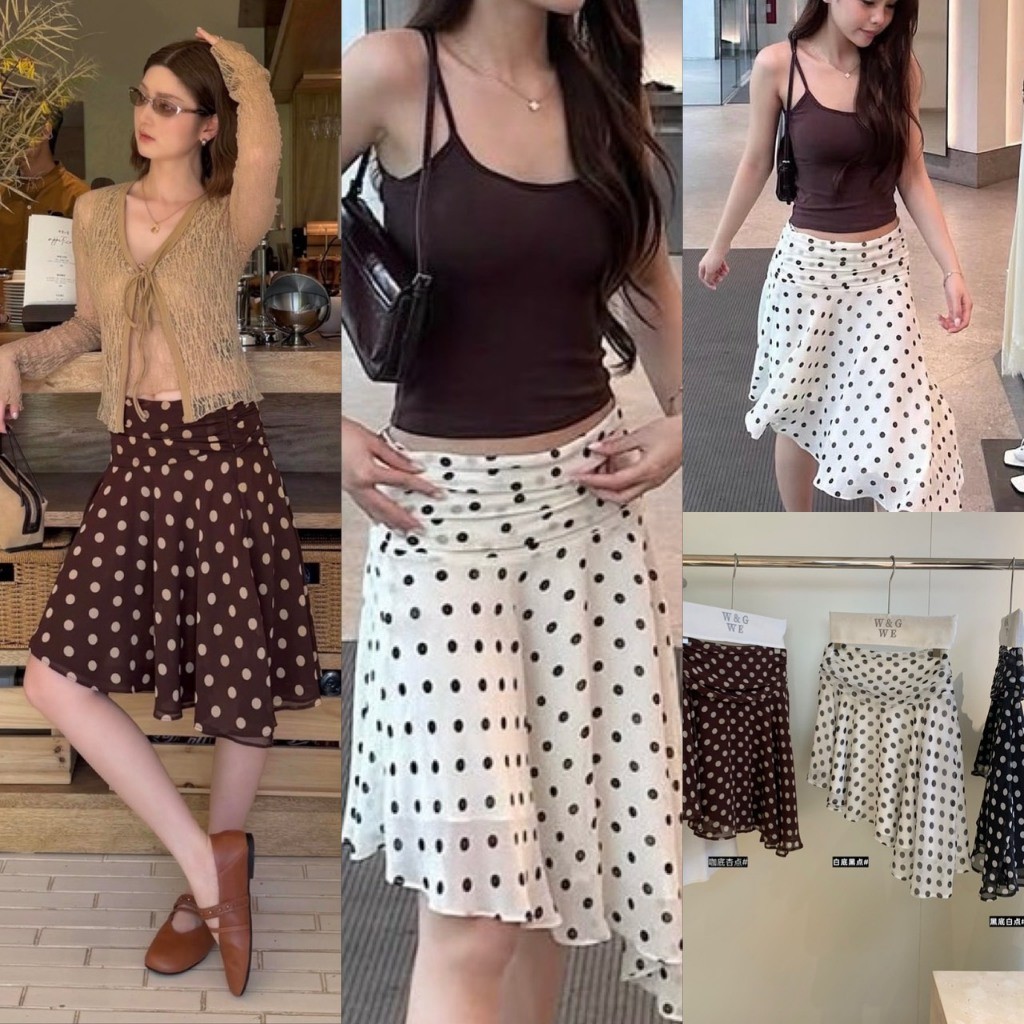 ❤ 🧵 🇰🇷 W9673 กระโปรงลายจุด Polka Dot skirt ผ้าชีฟอง ทรงระบาย สไตล์เกาหลีแมทซ์ง่าย แฟชั่นเกาหลี TAG WG.WE 🧡