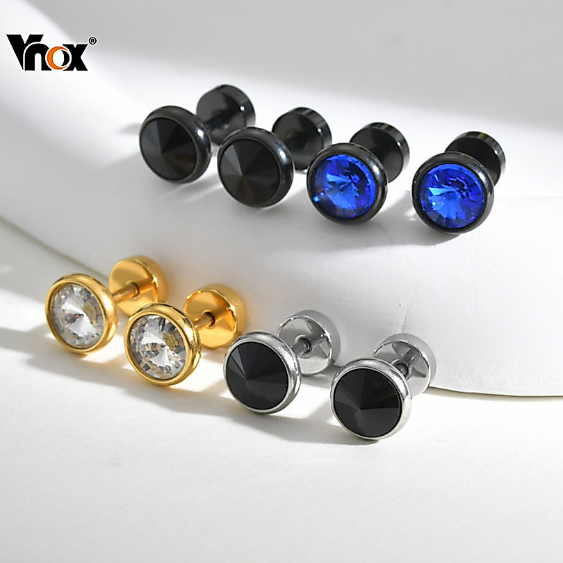 Vnox สแตนเลส Zirconia ต่างหูสตั๊ดสําหรับผู้ชาย,Punk Retro CZ เจาะเครื่องประดับหู