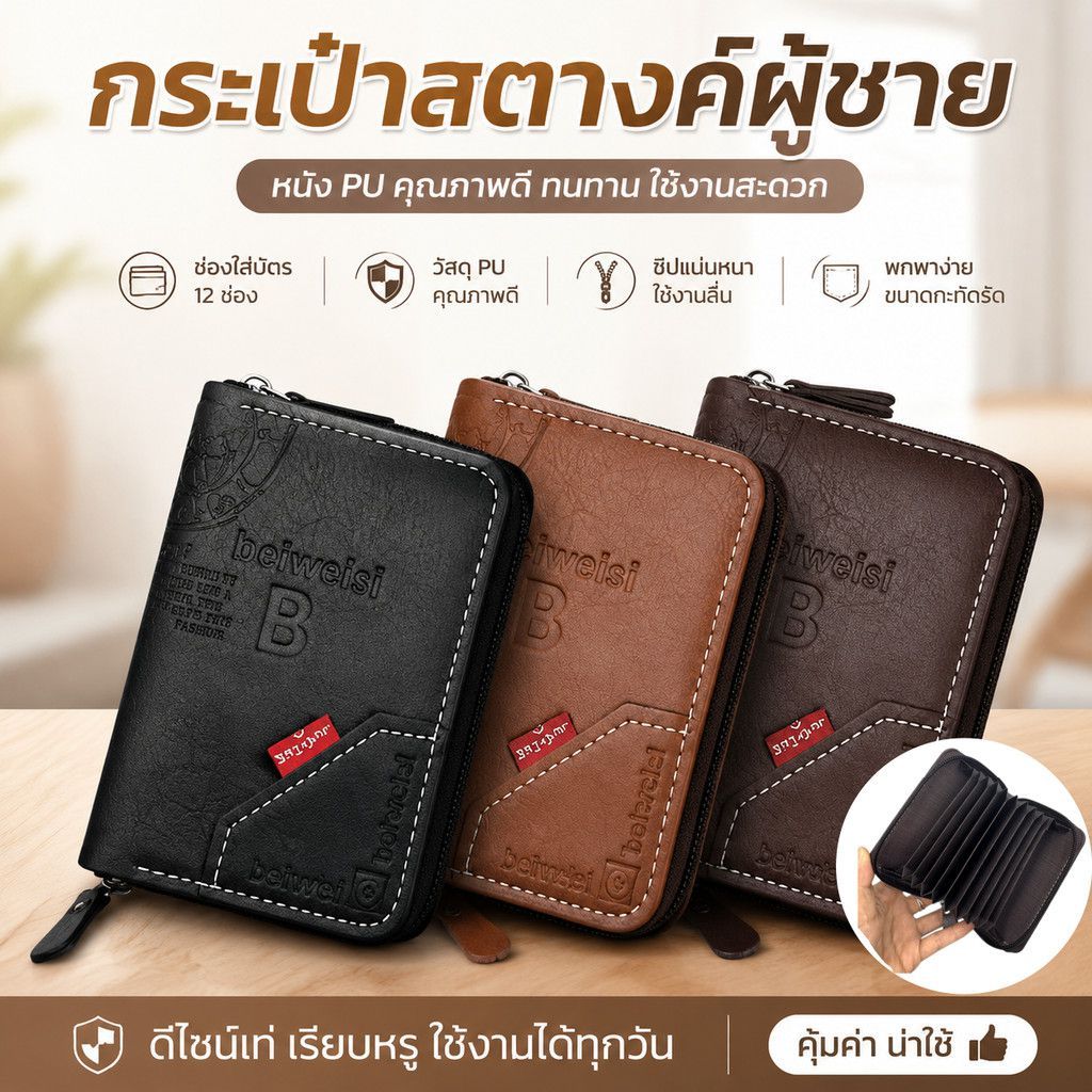 Mens PU Leather Zipper Wallet Multi-card ความจุขนาดใหญ่ลําลองที่ใช้งานได้จริง