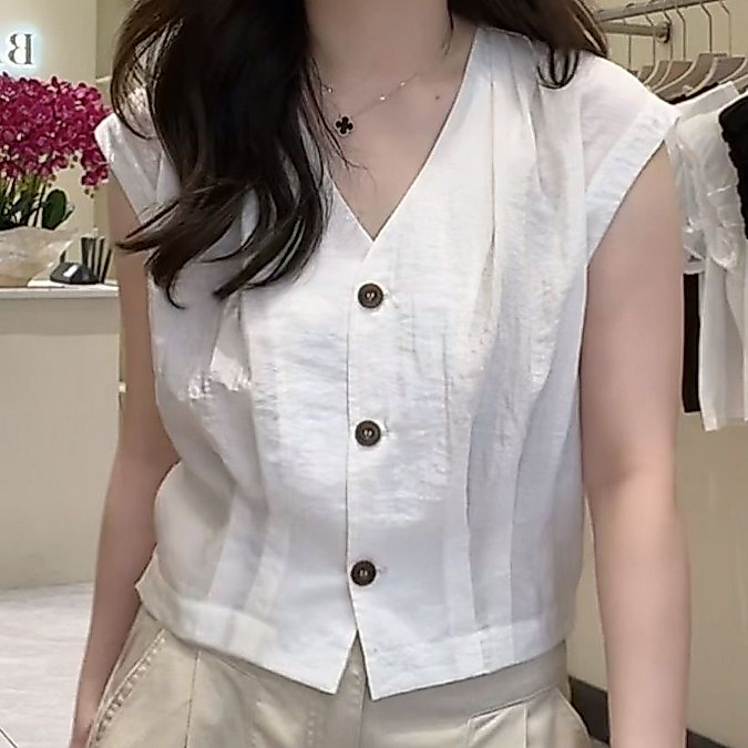 ส่งไวจากไทย⭐Summer⭐S-3XL ออกแบบฝรั่งเศสแขนกุดเสื้อสีทึบคอ V แสดงผอมสูงเสื้อด้านบน