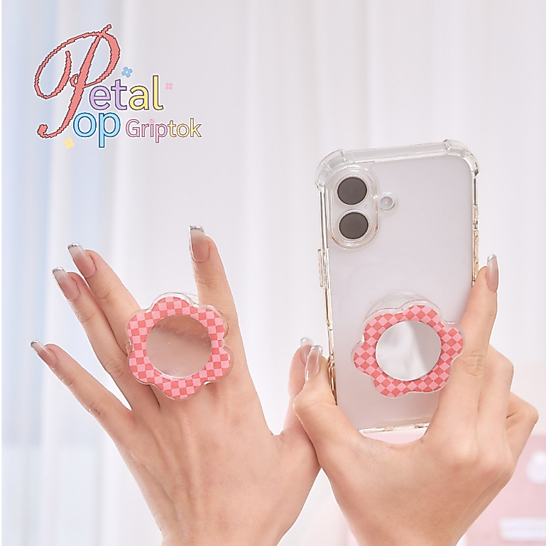 earika.earrings - petal pop griptok ที่ติดโทรศัพท์ดอกไม้อะคริลิค ลายสก็อตสีแดง ตรงกลางมีกระจก