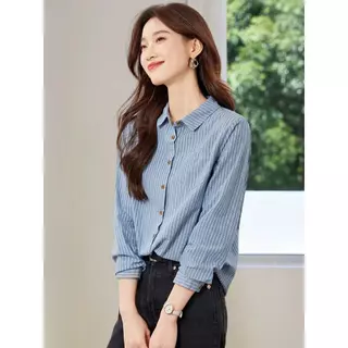 MIMI เสื้อเชิ้ตแขนยาวลายทางแนวตั้งทรงหลวมสำหรับผู้หญิงทำงาน สไตล์เรโทรและอาร์ตๆ ไซส์ใหญ่ เสื้อแจ็คเก็ตนักเรียน#W716