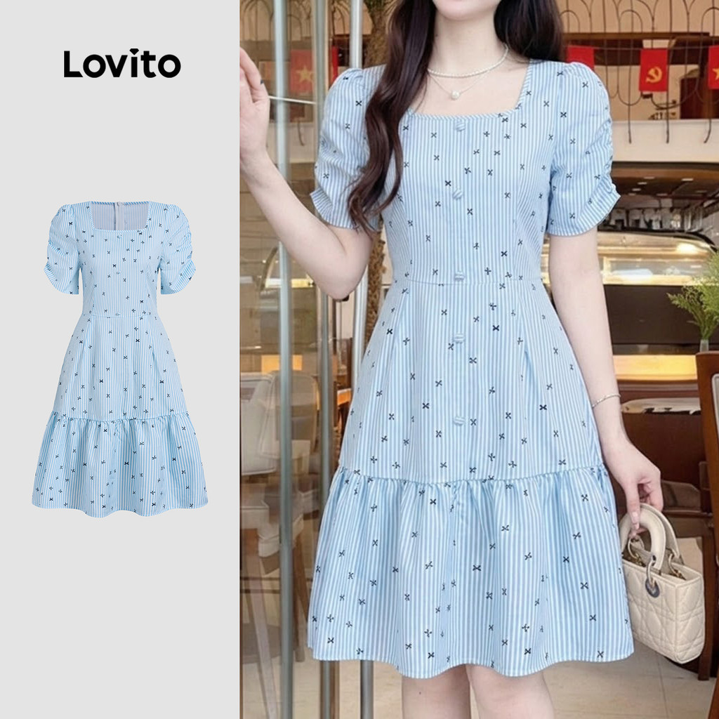 Lovito สง่างาม ผ้าชุดผู้หญิง ปักด้าย สีขาวอ่อน ใส่สบาย สําหรับฤดูร้อน L159AD185