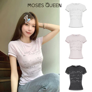 MOSESQUEEN มอสเซควีน เสื้อยืดแขนสั้นพิมพ์ลายตัวอักษรสไตล์อเมริกันดีไซน์คอกลมเข้ารูปเหมาะกับผู้ชาย #63748