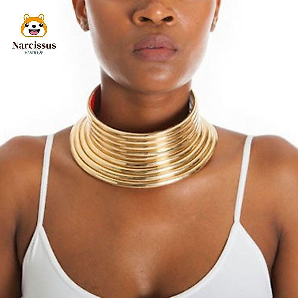 NARCISSUS สร้อยคอ Choker หนังทอง Vintage Statement Maxi ผู้หญิง ปรับได้
