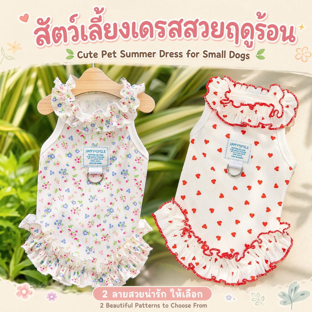 HAPPY SMILE 2 รูปแบบดอกไม้หัวใจพิมพ์ชุดสัตว์เลี้ยง, Breathable ซี่โครงสลิงกระโปรงสุนัขพร้อมสายจูง D-ring, Ruffle Edge ฤดูร้อนเสื้อผ้าสําหรับสุนัขขนาดเล็ก Teddy Bichon Yorkie XS-2XL