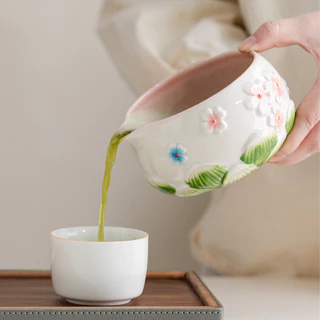 ถ้วยชงมัทฉะ Chawan 560ml ถ้วยเซรามิกญี่ปุ่น มีปากเท ชามมัทฉะ ลายดอกไม้เพ้นท์มือ ชงชาเขียว ชงชา