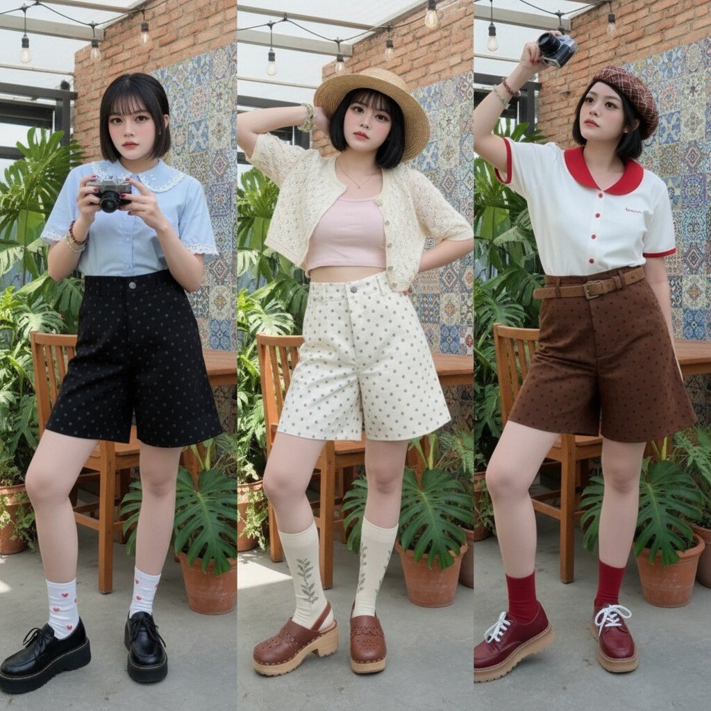 🖤JIAQI รุ่นคามิเลีย I กางเกงขาสั้น ลายจุดpolkadot คุณภาพดีทนทาน ยอดนิยมในหมู่สาววัยรุ่น