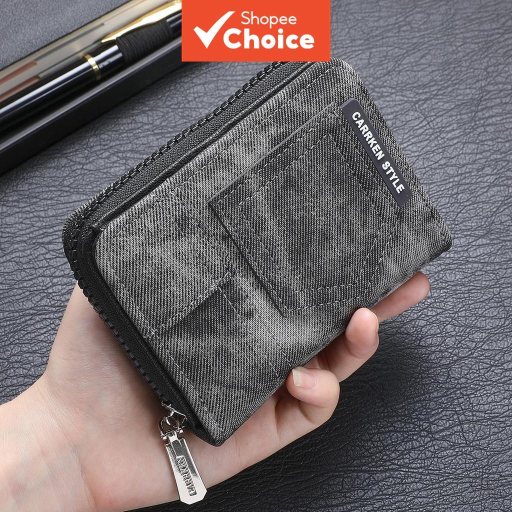 CarrKen Leather Wallet for Men Short Denim-Textured- Unisex Bi-Fold Multi-Card Case with Zipper Coin Pocket