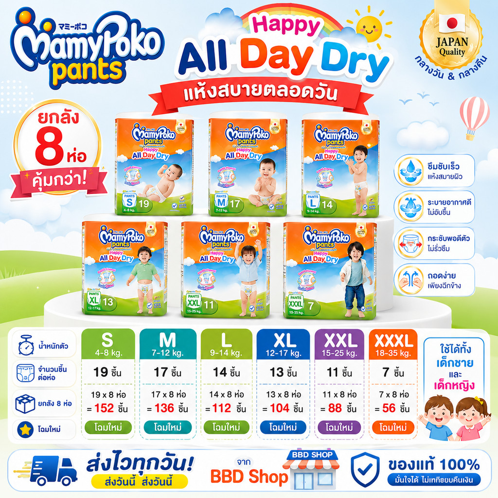 มามี่โพโคสีส้ม ยกลัง 8 ห่อ MamyPoko Happy All Day Dry กางเกงผ้าอ้อมเด็ก S M L XL XXL XXXL ของแท้