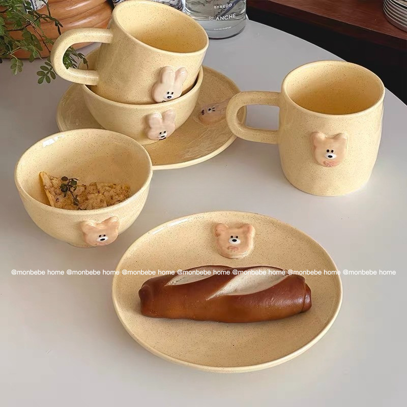 จานขนม ชามเซรามิก แก้วนม insสีครีมกระต่าย&หมี3d ของขวัญวันเกิด  พร้อมส่ง