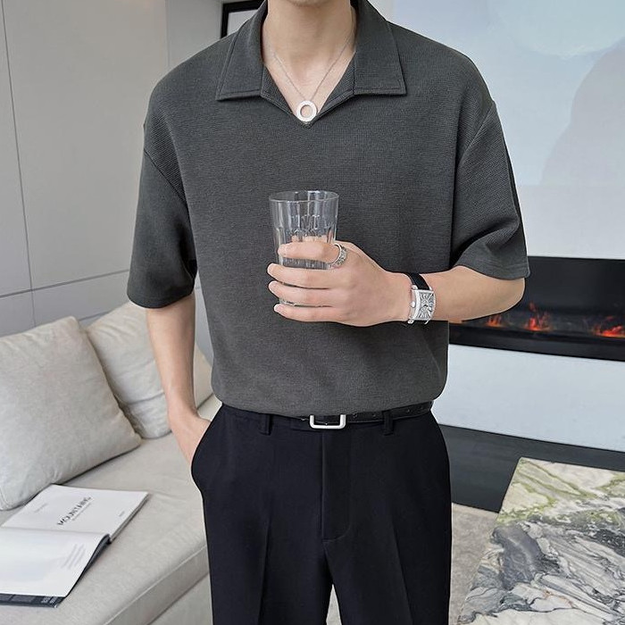ProMan-แขนสั้นคอวีสีทึบ  เสื้อเชิ้ตโปโลผู้ชาย  สไตล์ธุรกิจ  สีเดียว  รัดกุม