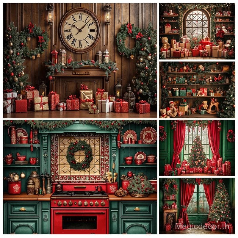 นาฬิกาคริสต์มาส Fireplace ห้องครัวฉากหลัง Windows ตู้หนังสือของเล่นหมีเด็กผู้ใหญ่การถ่ายภาพเด็ก Xmas พื้นหลัง