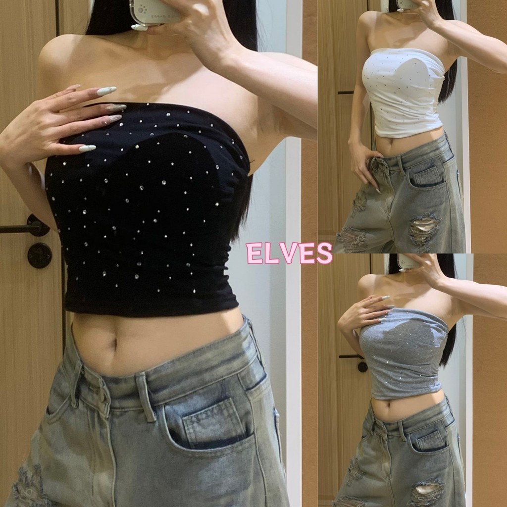Elves พร้อมส่ง💟เสื้อเกาะอกติดเพชร เพชรใหญ่วิบวับ ฟองน้ำในตัวnobra ผ้านิ่มใส่สบาย ผ้ายืด เสื้อแฟชั่น"FY3552"