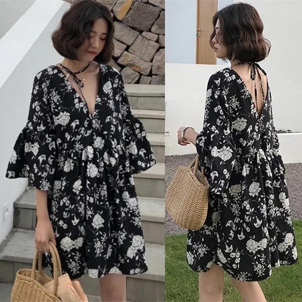 50-100KGWomens Thin Plus Size คอวีหลวม Floral Dress S0017
