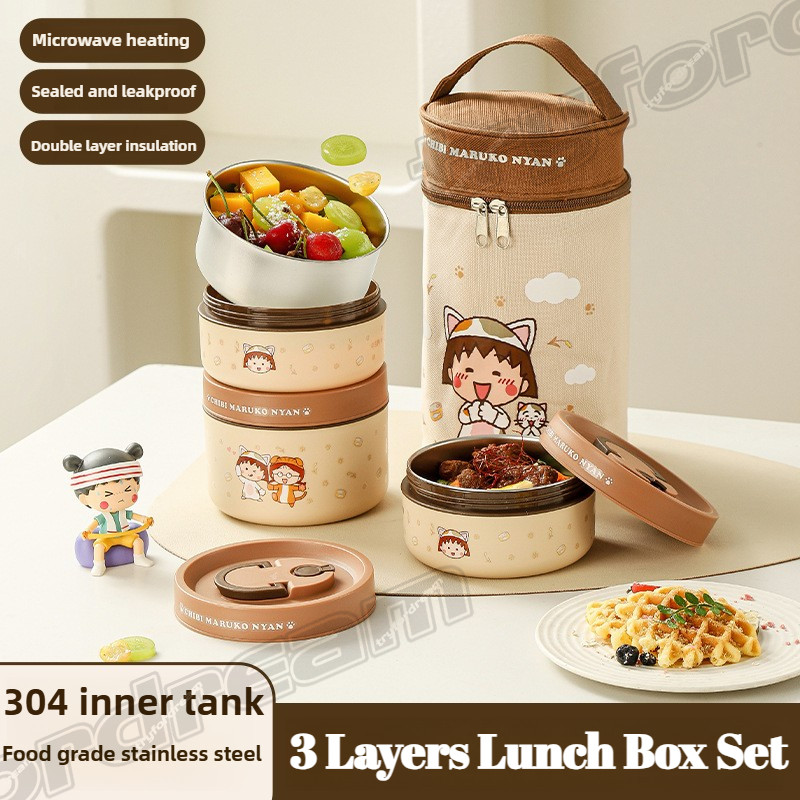 เชอร์รี่ มารุโกะ 304 ชุดกล่องข้าวสแตนเลสพร้อมกระเป๋าฉนวนกันความร้อนกล่องอาหาร 3 ชั้นกล่องเก็บของสดกล่องเบนโตะแบบพกพา - ไมโครเวฟปลอดภัยป้องกันการรั่ว