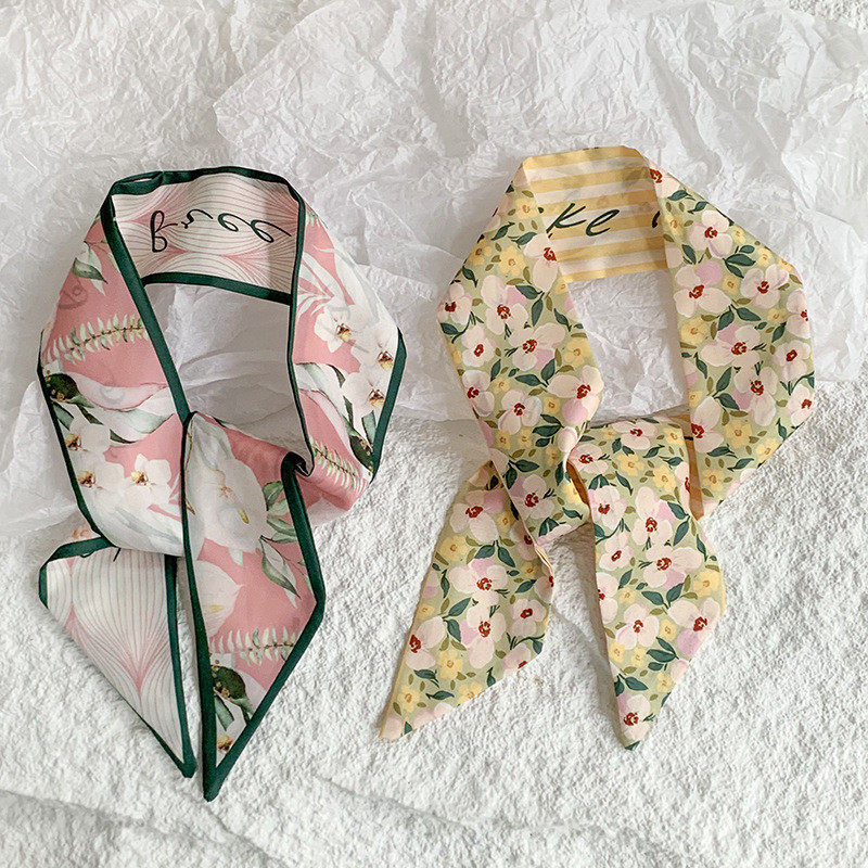 ผ้าพันคอไหมอเนกประสงค์ลายดอกไม้ สำหรับผูกคอ คาดผม หรือประดับกระเป๋า